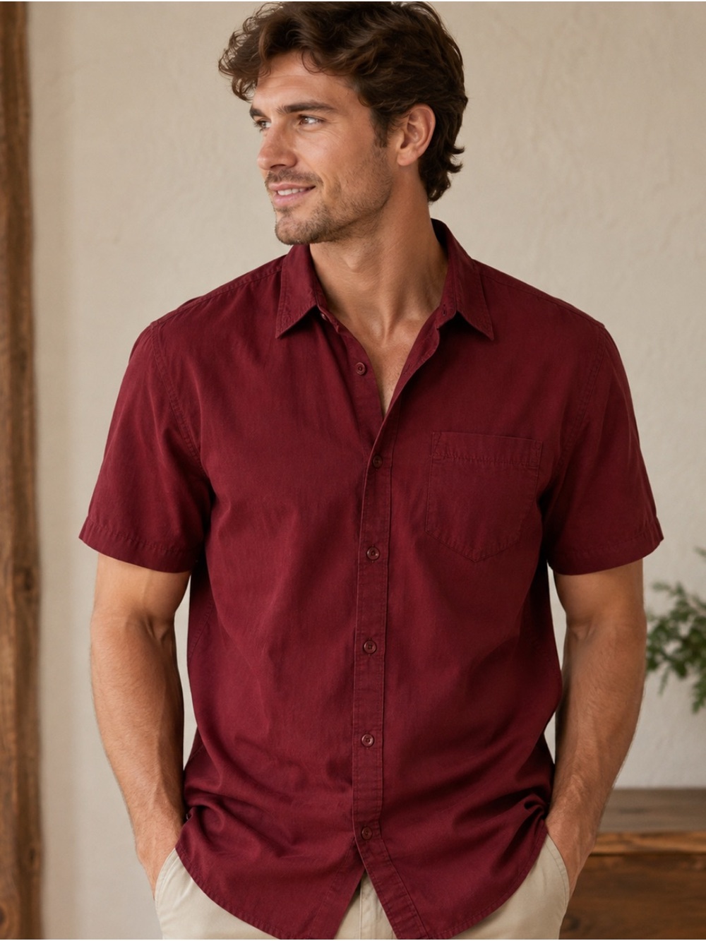 Retrofit Short-Sleeve Button-Down Shirt in Burgundy